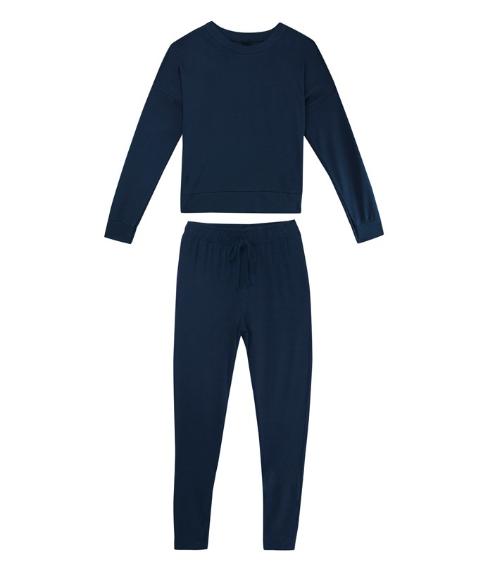 Pijama Inverno Feminino Plus Size De Algodão Básico Azul Marinho